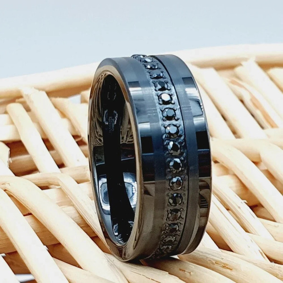 Round Cut Black CZ Inlay Engagement Ring for Man Woman, GALTUN775 - Picture 1 of 5